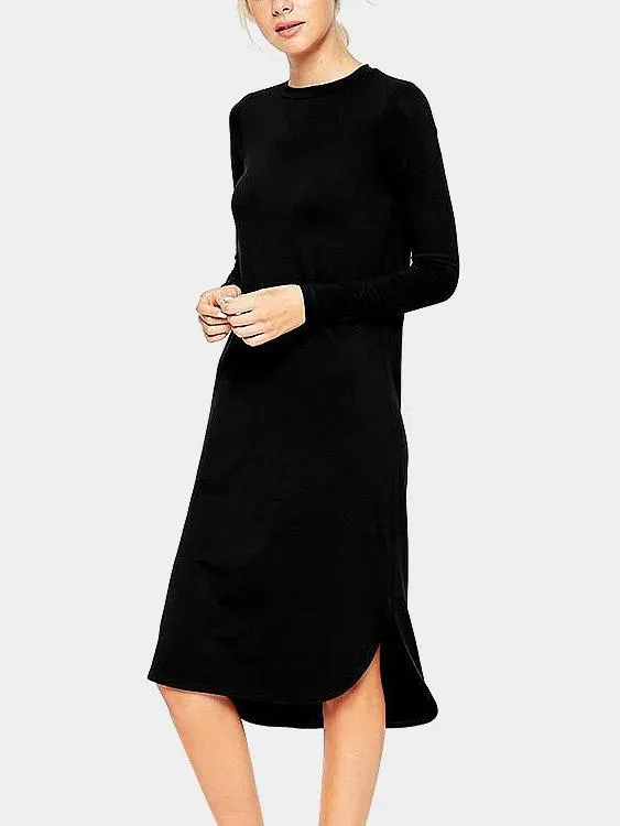 Wholesale Black Round Neck Long Sleeve Plain Slit Hem Casual Dresses