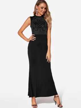 Wholesale Black Round Neck Sleeveless Plain Zip Back Maxi Dress