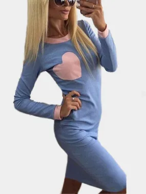 Wholesale Blue Crew Neck Long Sleeve Geometrical Plain Casual Dresses