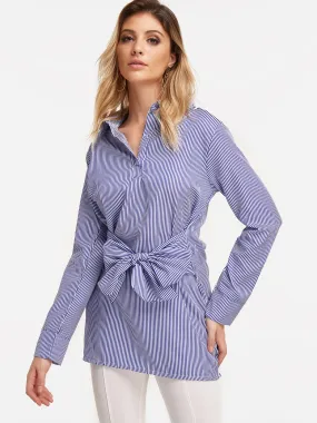 Wholesale Blue Lapel Collar Long Sleeve Stripe Self-Tie Casual Dress