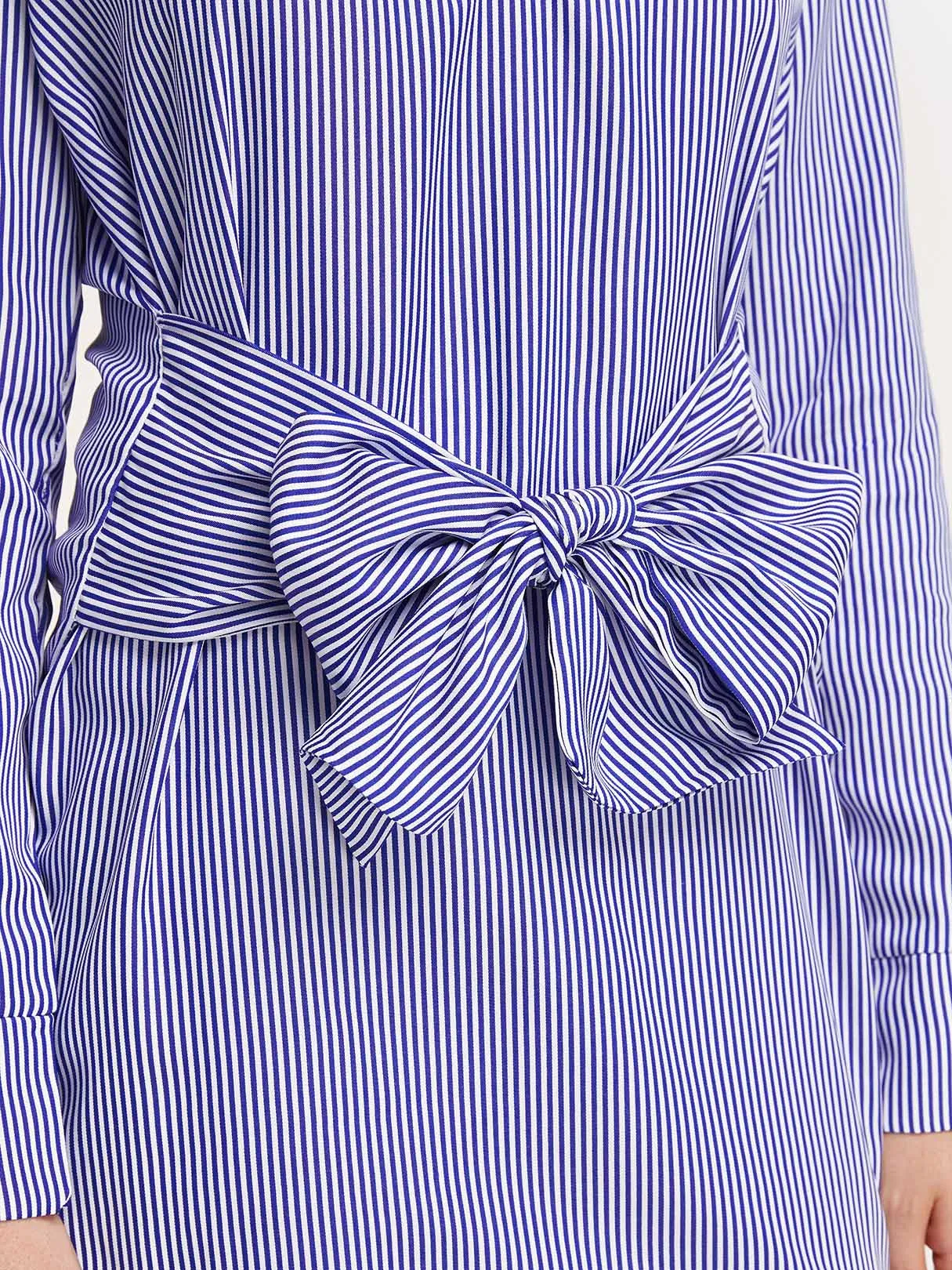 Wholesale Blue Lapel Collar Long Sleeve Stripe Self-Tie Casual Dress