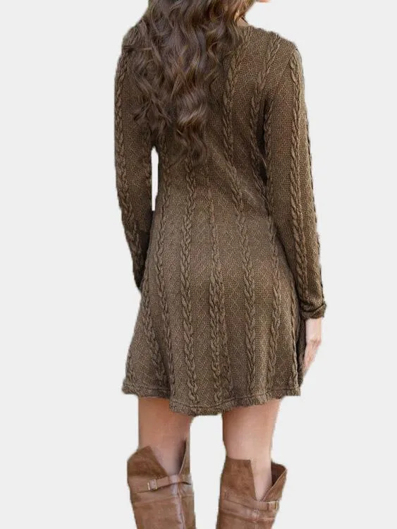 Wholesale Brown Round Neck Long Sleeve Casual Dress