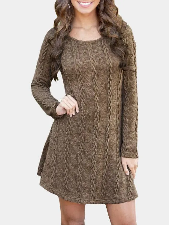 Wholesale Brown Round Neck Long Sleeve Casual Dress