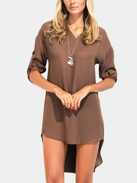 Wholesale Brown V-Neck Long Sleeve Plain Irregular Hem Casual Dresses