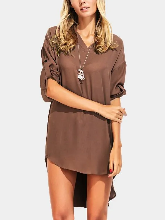 Wholesale Brown V-Neck Long Sleeve Plain Irregular Hem Casual Dresses