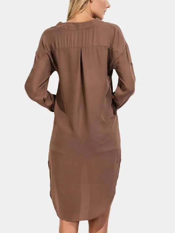 Wholesale Brown V-Neck Long Sleeve Plain Irregular Hem Casual Dresses