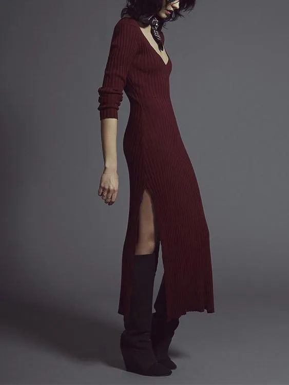 Wholesale Burgundy V-Neck Long Sleeve Plain Slit Hem Casual Dress