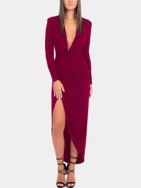 Wholesale Deep V Neck Long Sleeve Slit Hem Maxi Dress