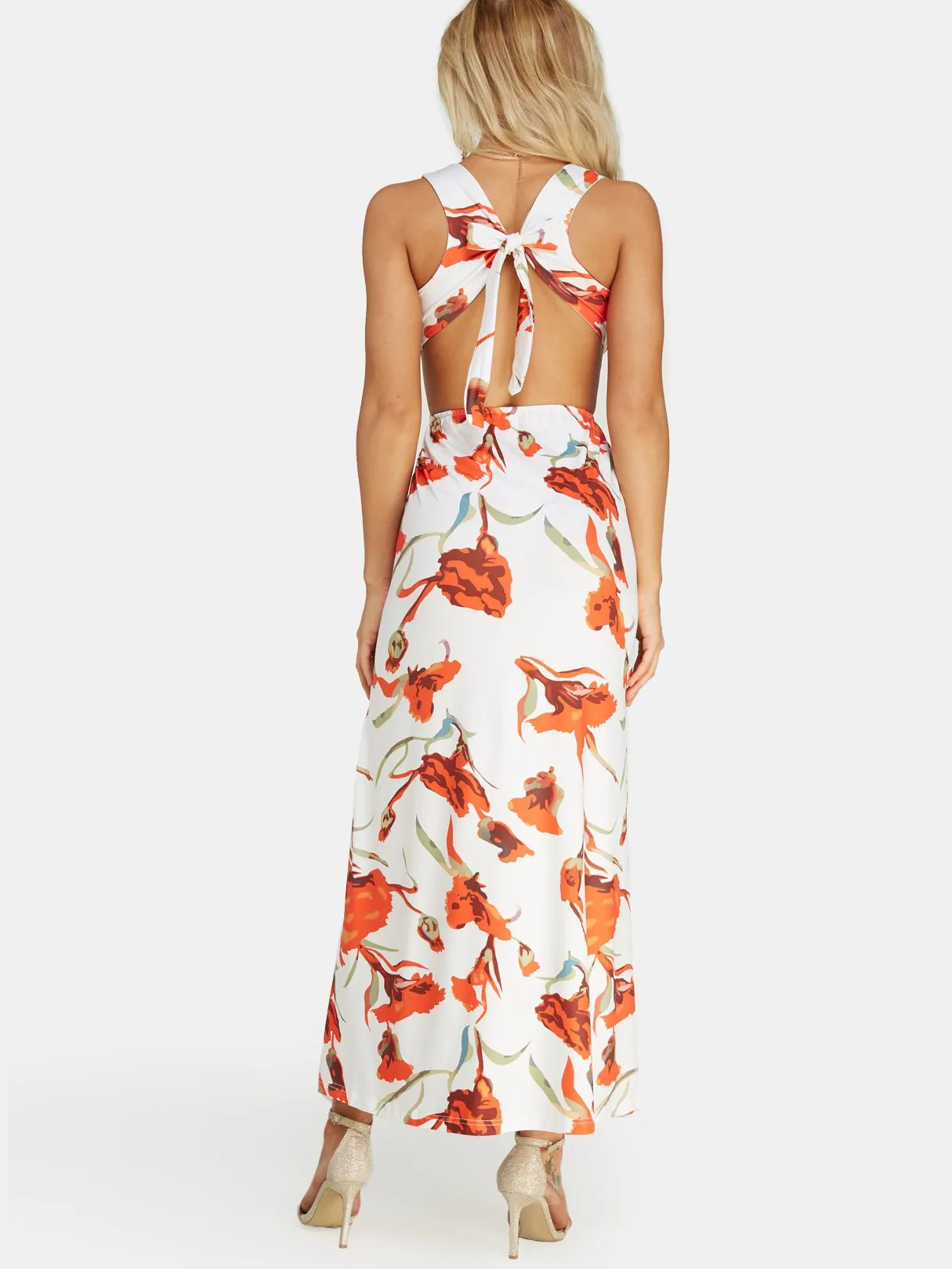 Wholesale Deep V Neck Sleeveless Floral Print Backless Lace-Up Cut Out Wrap Slit Hem Maxi Dress