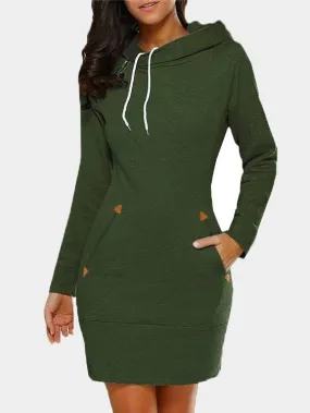 Wholesale Green Crew Neck Long Sleeve Plain Zip Back Side Pockets Hooded Casual Dress