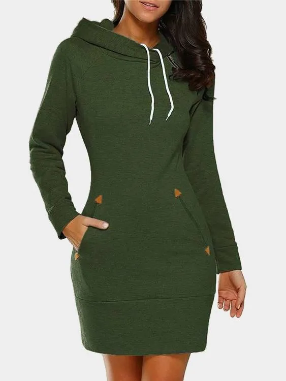 Wholesale Green Crew Neck Long Sleeve Plain Zip Back Side Pockets Hooded Casual Dress