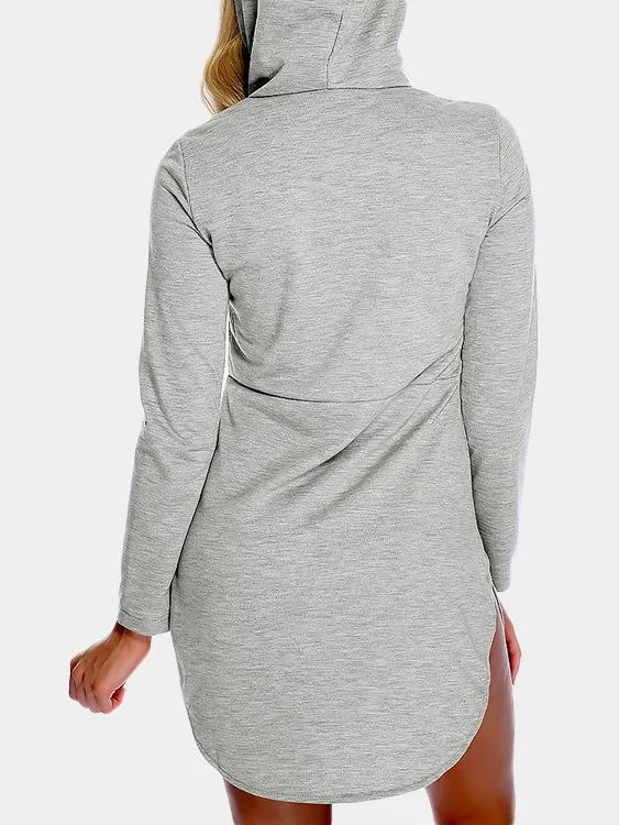 Wholesale Grey Long Sleeve Hooded Curved Hem Casual Dresses