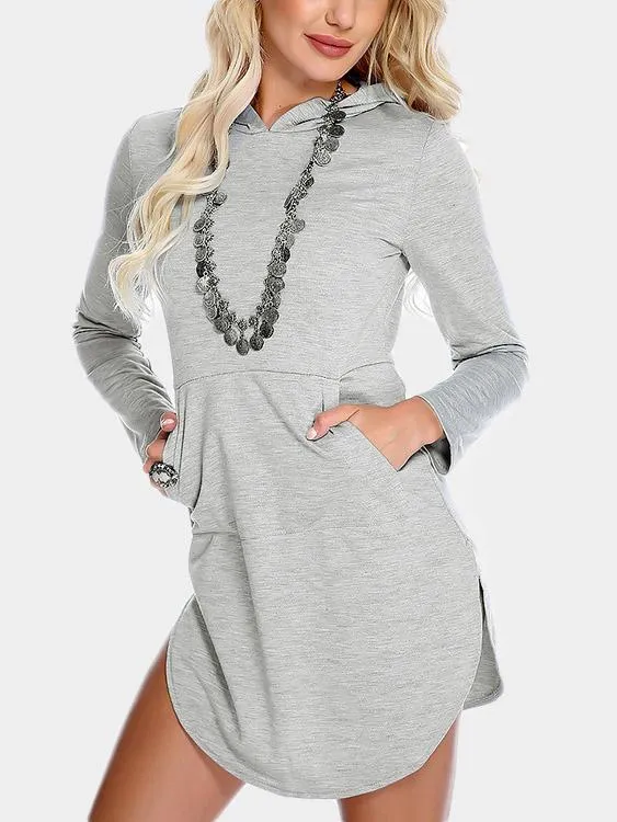 Wholesale Grey Long Sleeve Hooded Curved Hem Casual Dresses