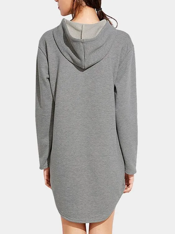 Wholesale Grey Pullover Long Sleeve Hooded Curved Hem Casual Dresses