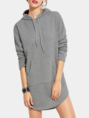 Wholesale Grey Pullover Long Sleeve Hooded Curved Hem Casual Dresses