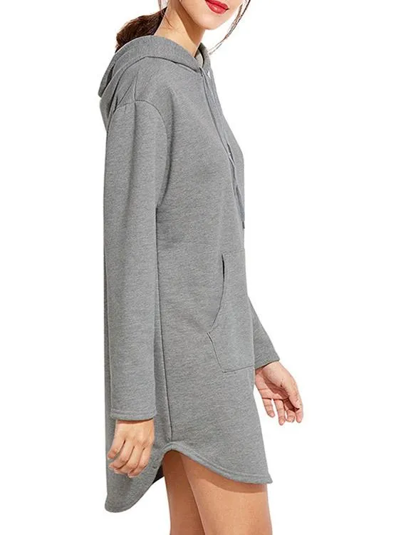 Wholesale Grey Pullover Long Sleeve Hooded Curved Hem Casual Dresses