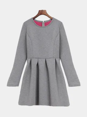 Wholesale Grey Round Neck Long Sleeve Plain High-Waisted Casual Dress