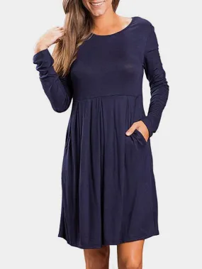 Wholesale Navy Round Neck Long Sleeve Ruffle Hem Casual Dresses