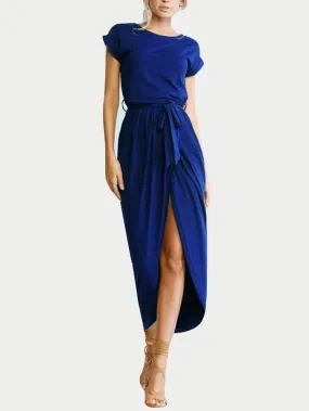 Wholesale Navy Round Neck Short Sleeve Slit Maxi Dress