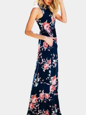 Wholesale Navy Round Neck Sleeveless Floral Print Maxi Dress