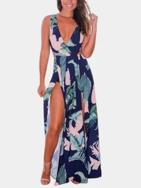 Wholesale Navy V-Neck Sleeveless Floral Print Backless Slit Hem Maxi Dresses