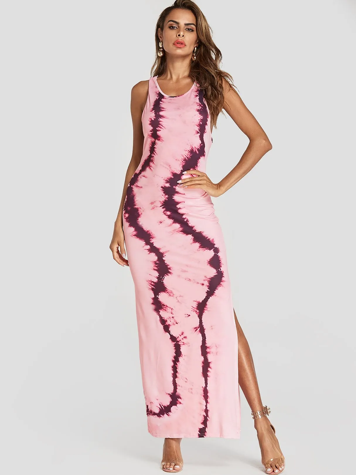 Wholesale Pink Scoop Neck Sleeveless Floral Print Slit Hem Maxi Dresses