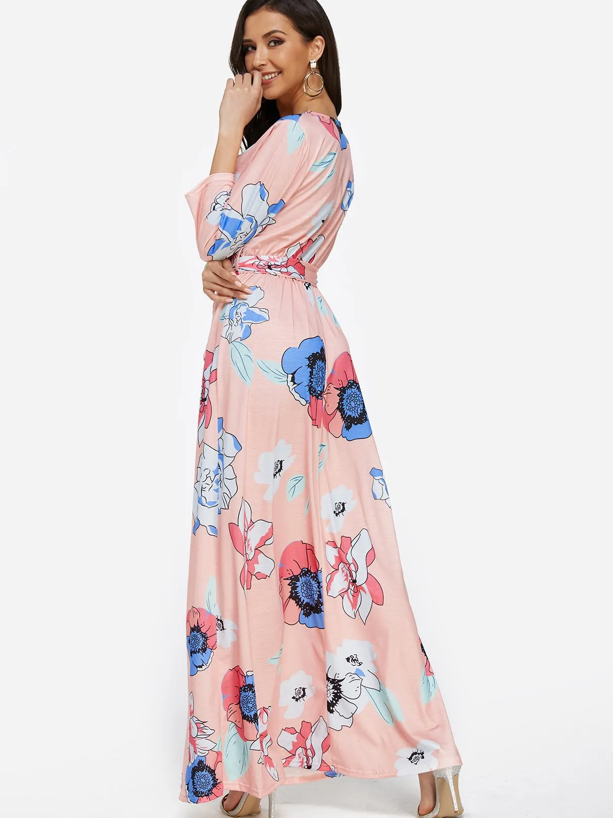 Wholesale Pink V-Neck Long Sleeve Floral Print Self-Tie Wrap Maxi Dress