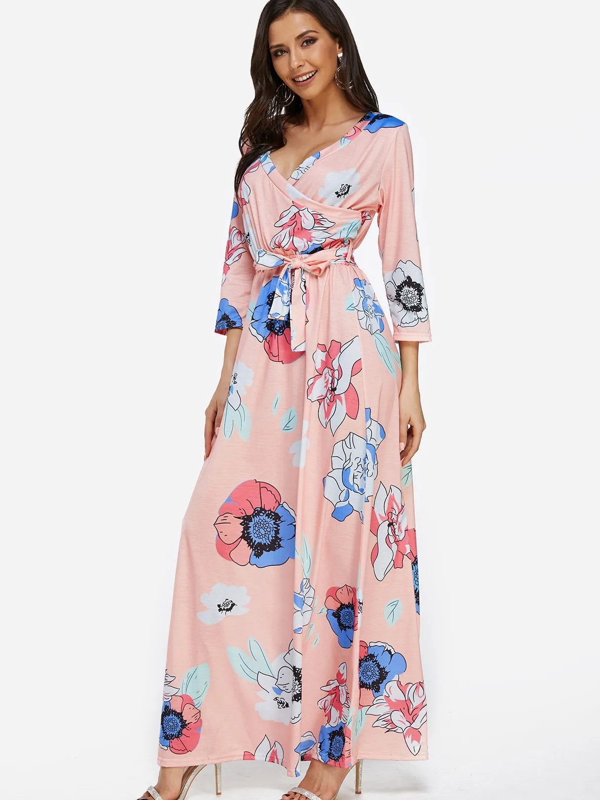 Wholesale Pink V-Neck Long Sleeve Floral Print Self-Tie Wrap Maxi Dress