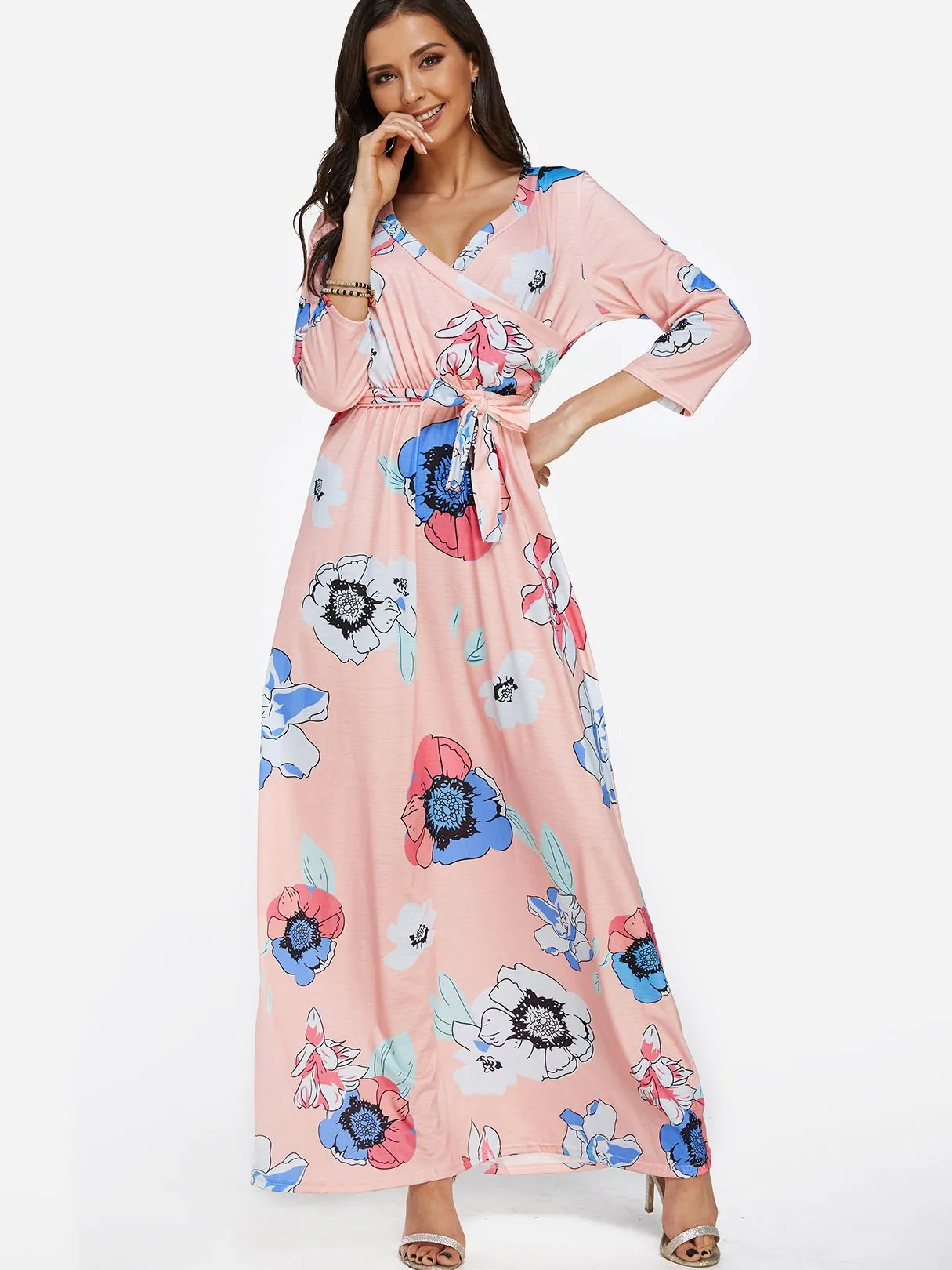 Wholesale Pink V-Neck Long Sleeve Floral Print Self-Tie Wrap Maxi Dress