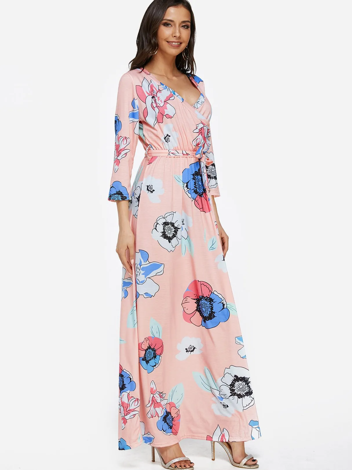 Wholesale Pink V-Neck Long Sleeve Floral Print Self-Tie Wrap Maxi Dress