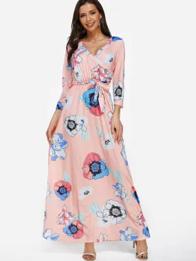 Wholesale Pink V-Neck Long Sleeve Floral Print Self-Tie Wrap Maxi Dress