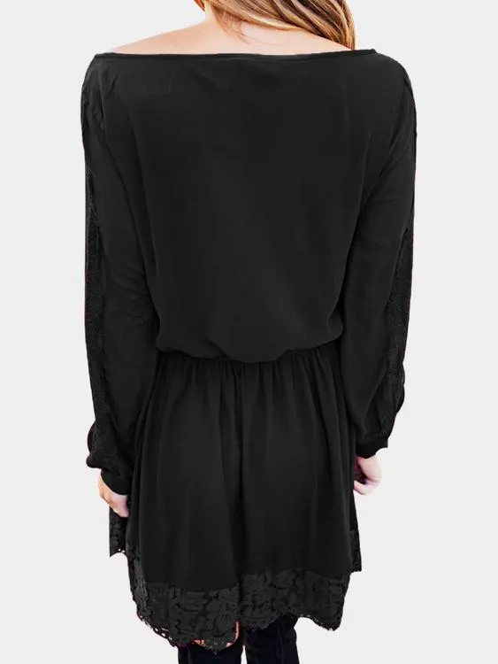 Wholesale Round Neck Lace Long Sleeve Irregular Hem Black Casual Dresses