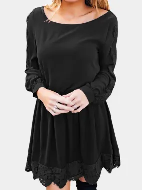 Wholesale Round Neck Lace Long Sleeve Irregular Hem Black Casual Dresses