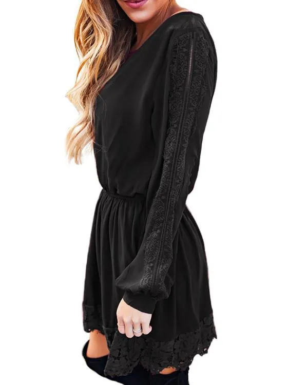 Wholesale Round Neck Lace Long Sleeve Irregular Hem Black Casual Dresses