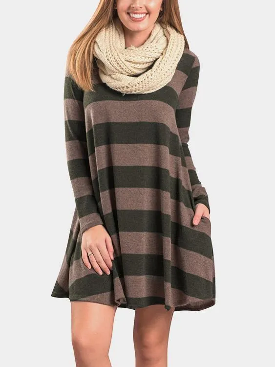 Wholesale Round Neck Stripe Long Sleeve Casual Dress