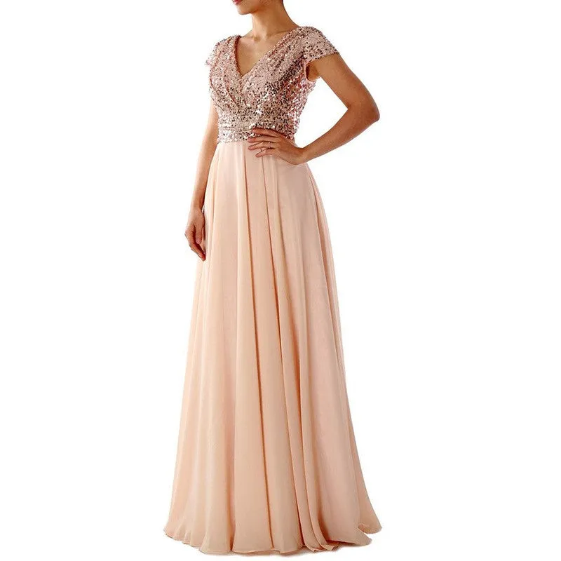 Women Prom Gowns V Neck Short Sleeve Long Prom Dress