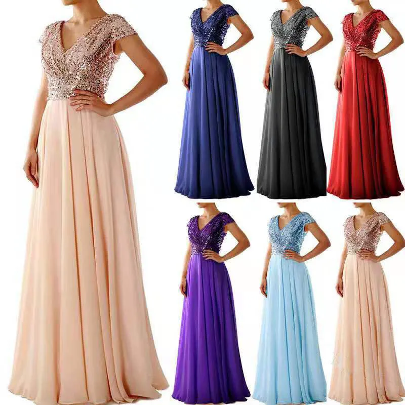 Women Prom Gowns V Neck Short Sleeve Long Prom Dress