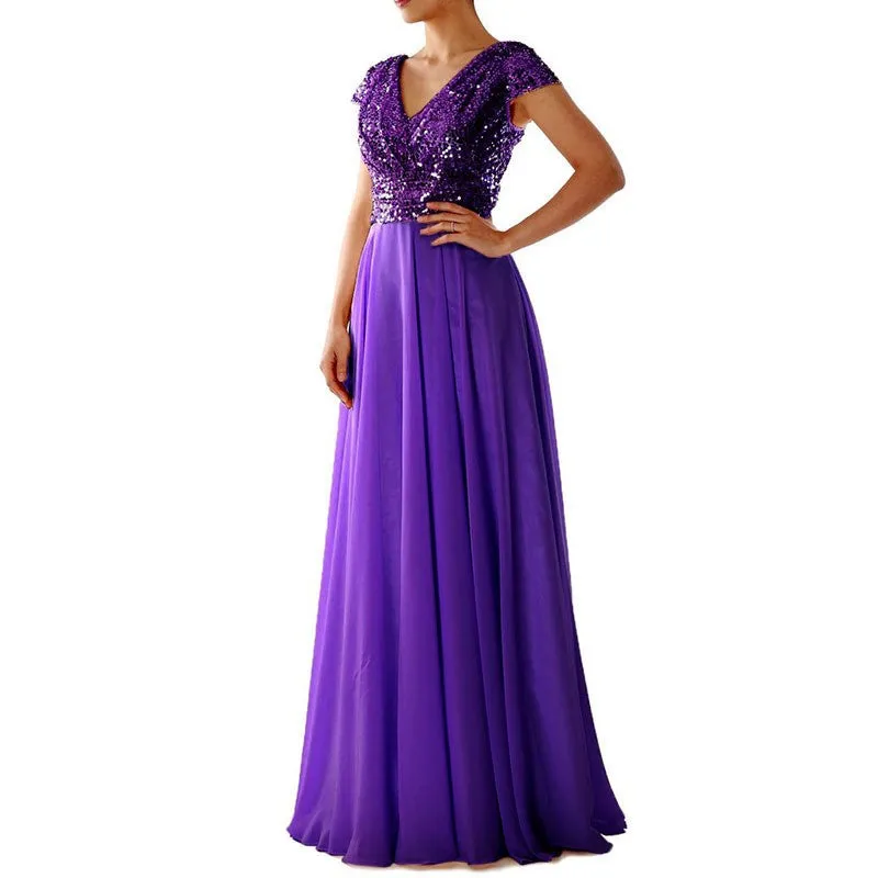 Women Prom Gowns V Neck Short Sleeve Long Prom Dress