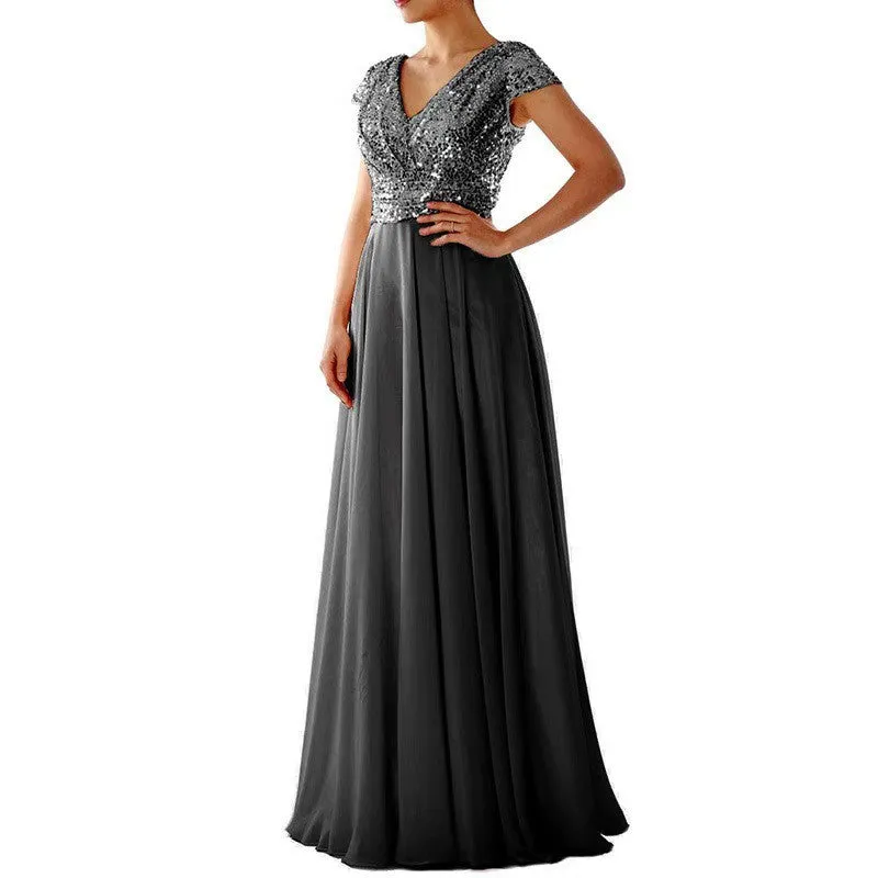 Women Prom Gowns V Neck Short Sleeve Long Prom Dress