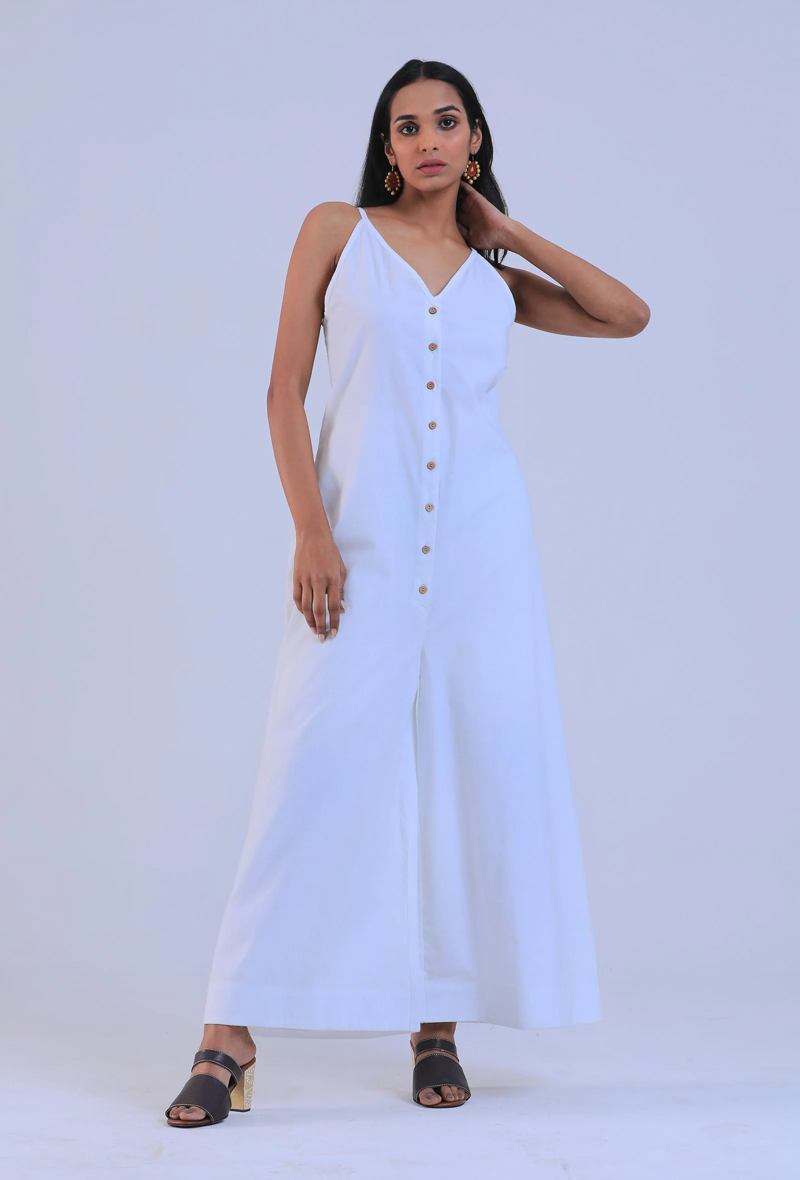 Women White Cotton V-Neck Regular Fit Dresses