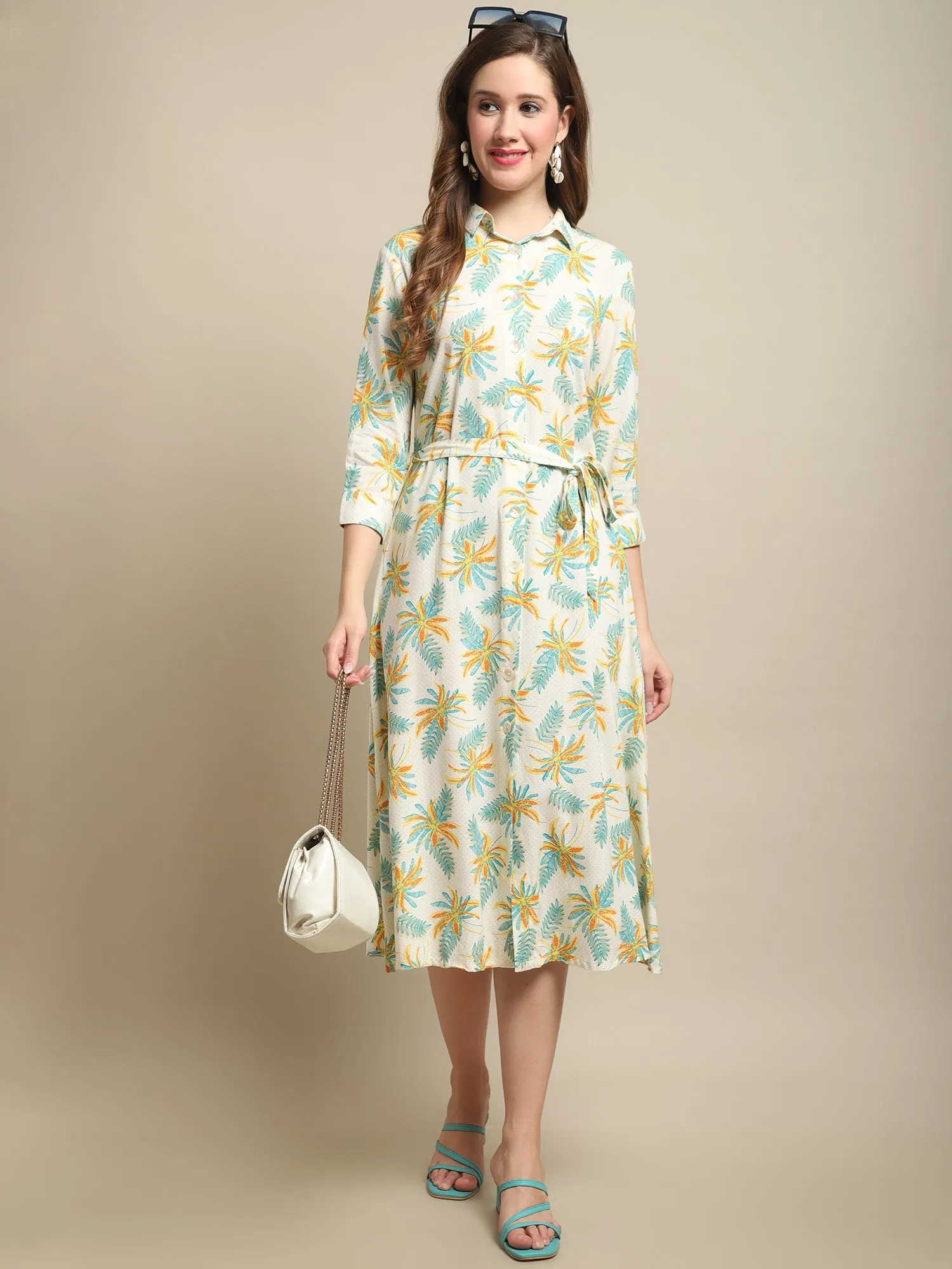 Women's Casual Shirt collar Cream Floral Print Shirt Dress